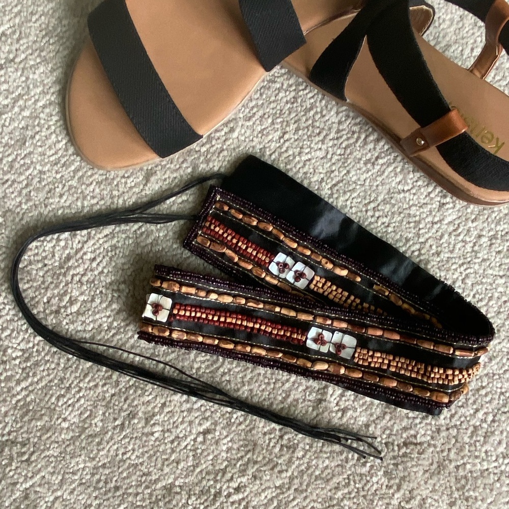 Beaded Tasseled Satin Belt - Picture 1 of 5